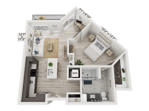 Floor plan for 1 bed, 1 bath, 747 sqft